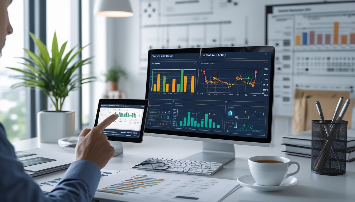 Seorang profesional sedang menganalisis data angka 4D di meja kerja dengan perangkat digital dan dokumen di kantor yang terang.