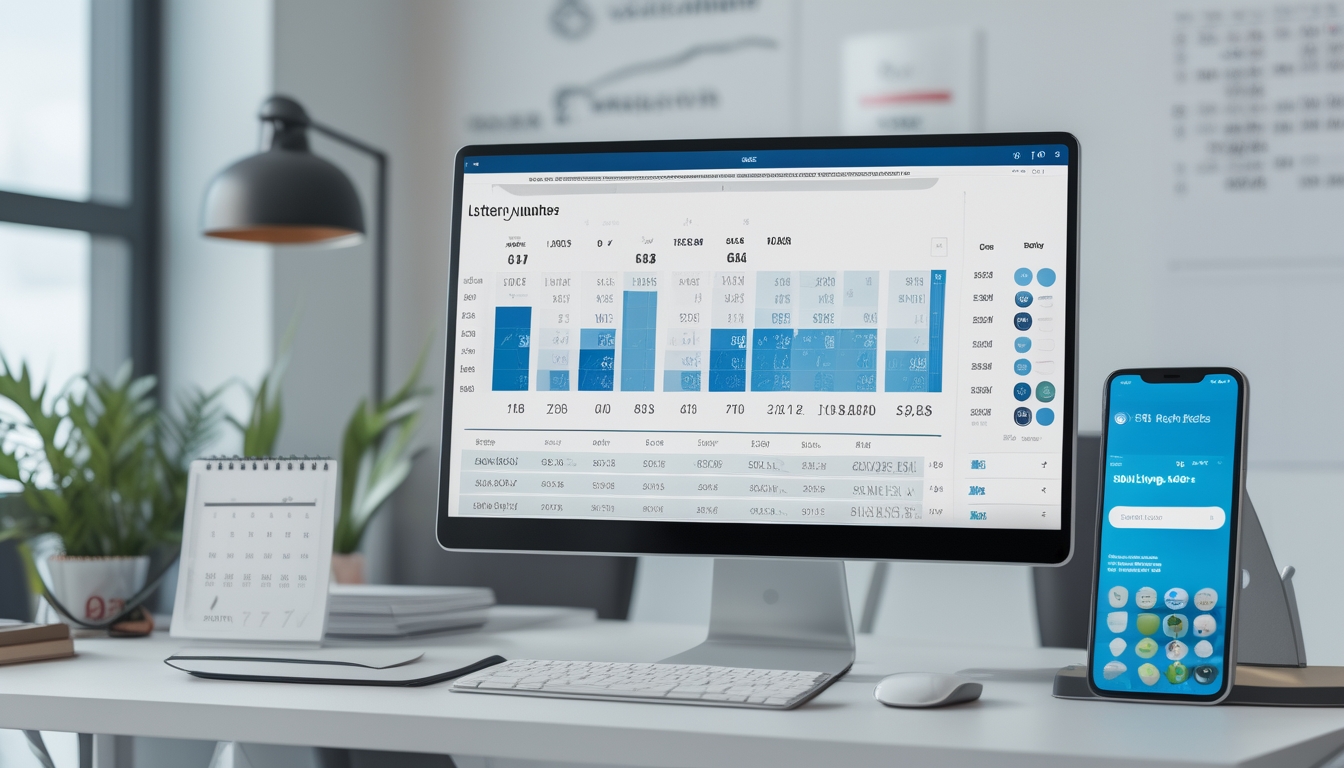 Seorang pria sedang menganalisis data angka pada komputer di meja kerja dengan suasana kantor yang terang dan rapi.
