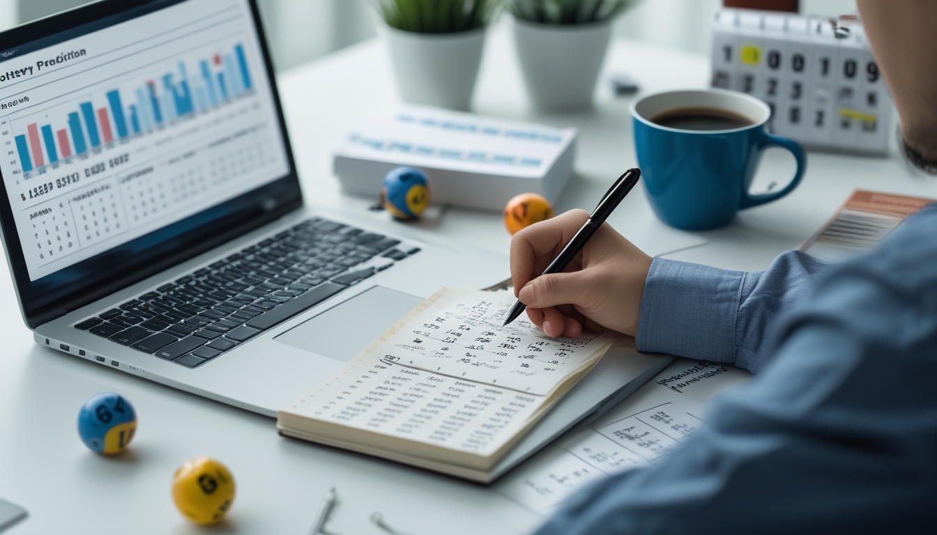 Seseorang sedang menganalisis data togel 4D malam ini dengan laptop, catatan, dan bola togel di atas meja kerja yang rapi.