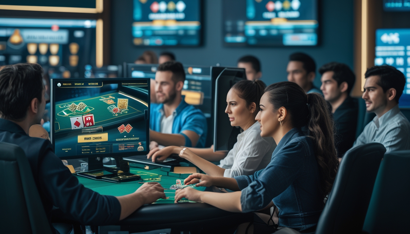 Beberapa pemain poker online sedang bermain di komputer dengan suasana yang profesional dan modern.