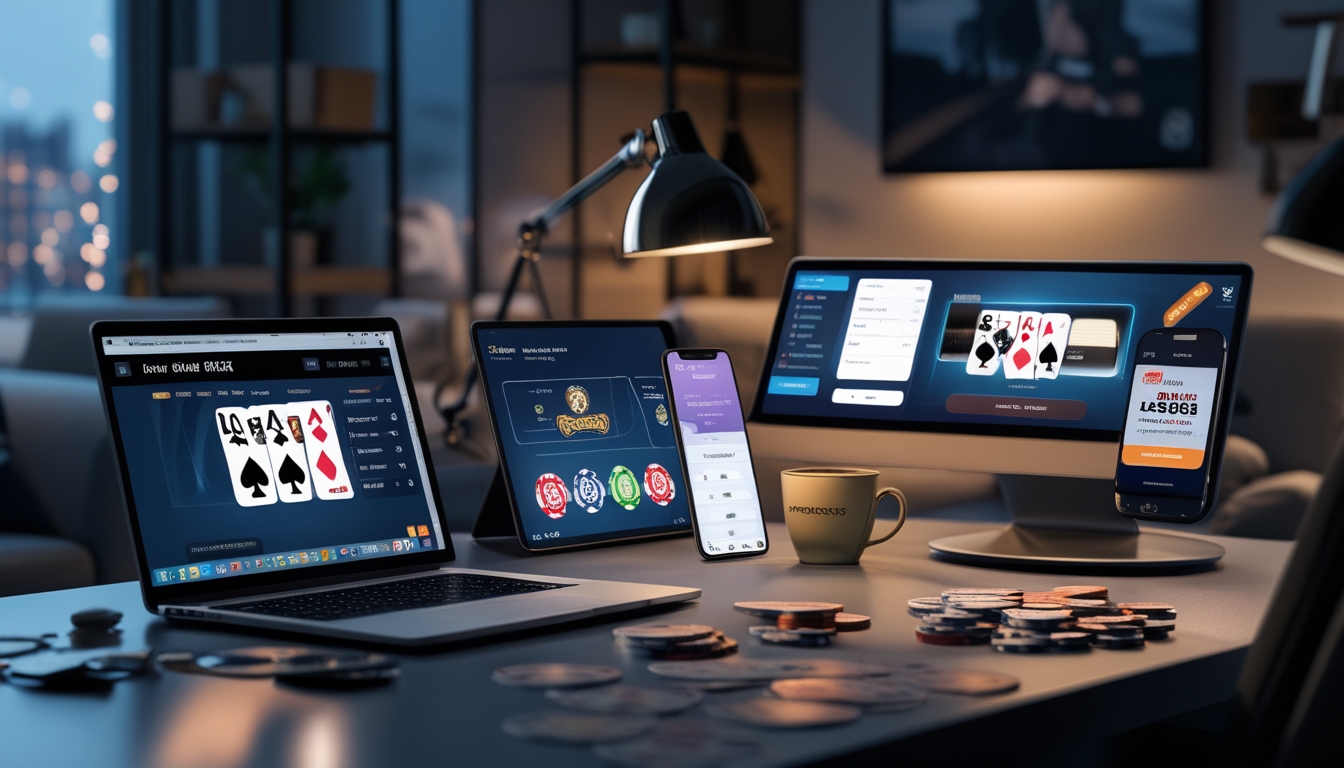 Seorang pemain poker online di ruang kerja rumah dengan laptop, ponsel, dan kartu remi di meja.