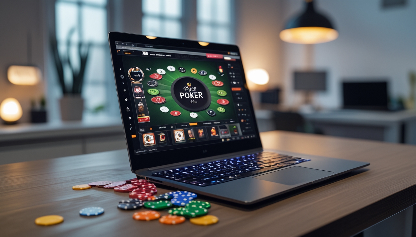 Seorang pemain poker online menggunakan laptop di meja kayu dengan kartu dan chip poker di sekitarnya dalam ruangan kantor rumah yang nyaman.
