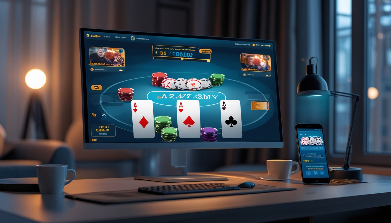 Sebuah ruang kerja rumah dengan komputer yang menampilkan permainan poker online dan suasana yang nyaman.