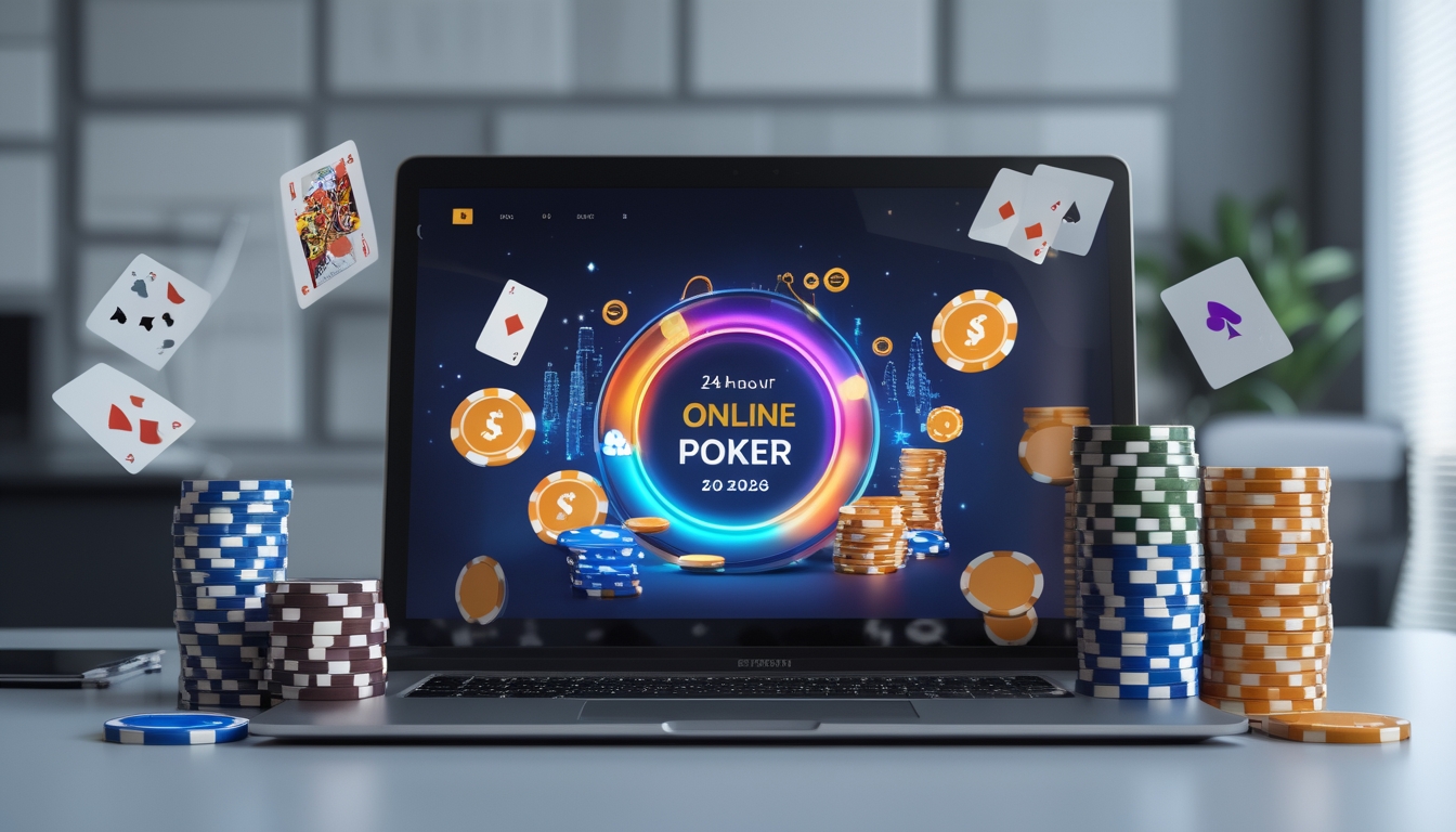 Seorang pemain poker online menggunakan komputer dengan tumpukan chip dan kartu poker di meja.