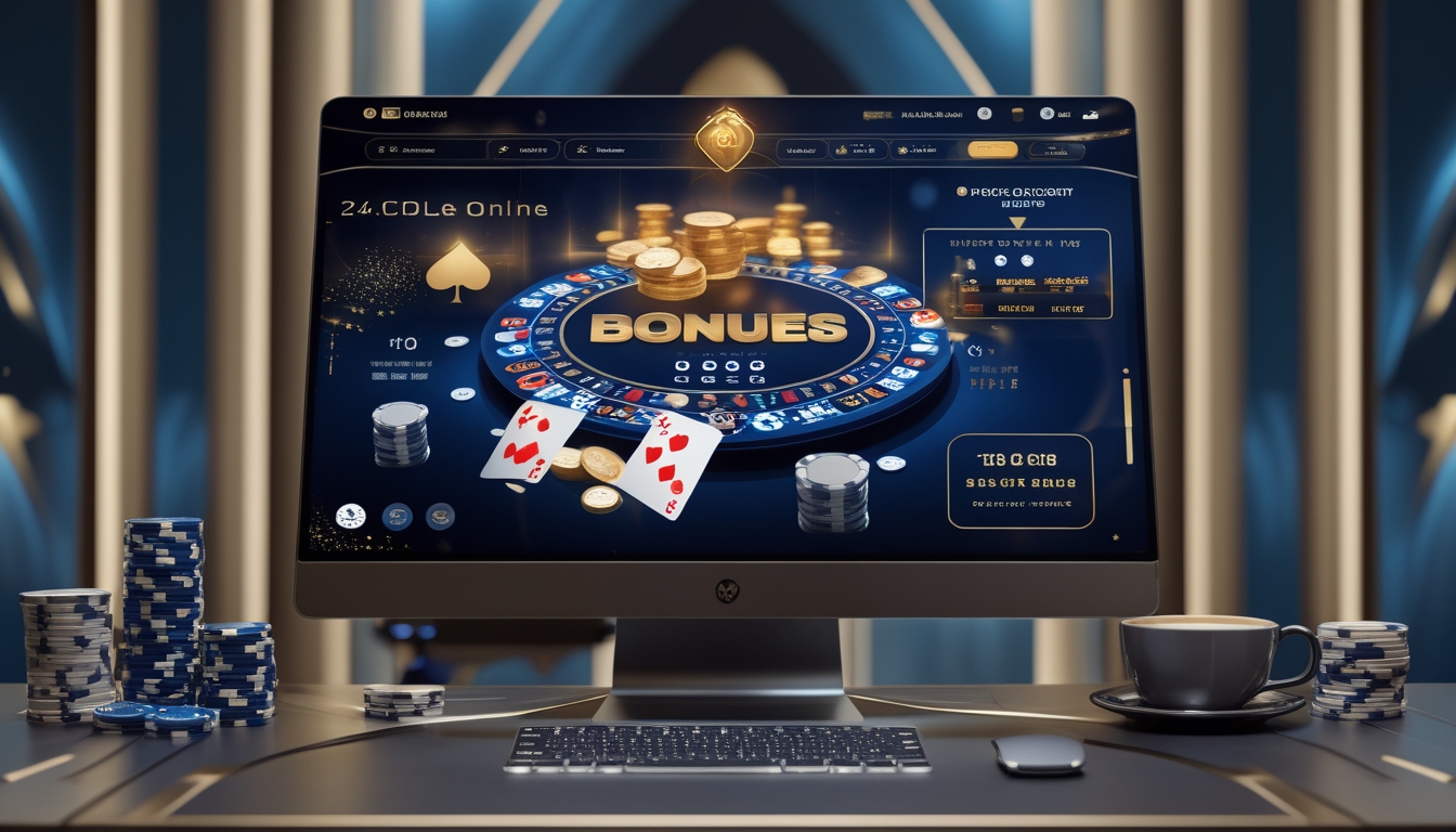 Sebuah meja dengan komputer menampilkan permainan poker online, tumpukan chip poker, dan ponsel yang menunjukkan notifikasi bonus deposit.