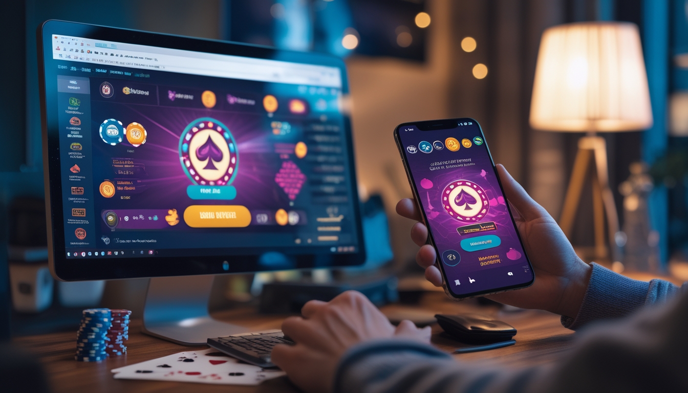 Seseorang bermain poker online di depan komputer dan smartphone di ruangan yang nyaman dengan tumpukan chip poker dan kartu.