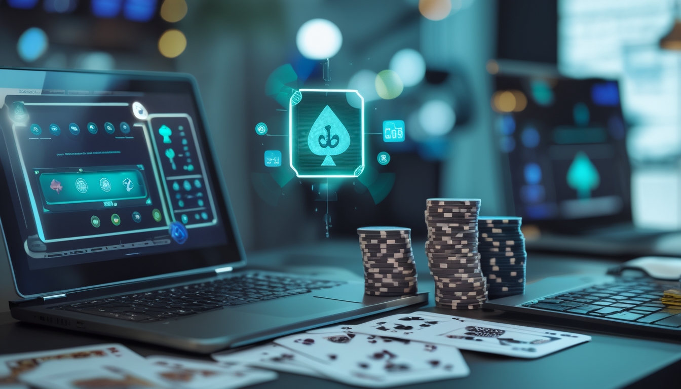 Sebuah meja kerja dengan laptop yang menampilkan permainan poker online, tumpukan chip poker, dan kartu yang tersebar di atas meja.