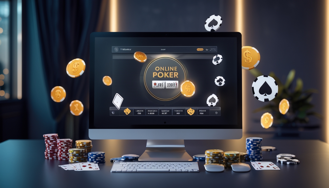 Seseorang bermain poker online di perangkat digital dengan chip dan kartu di meja, menampilkan suasana permainan yang menarik dan profesional.