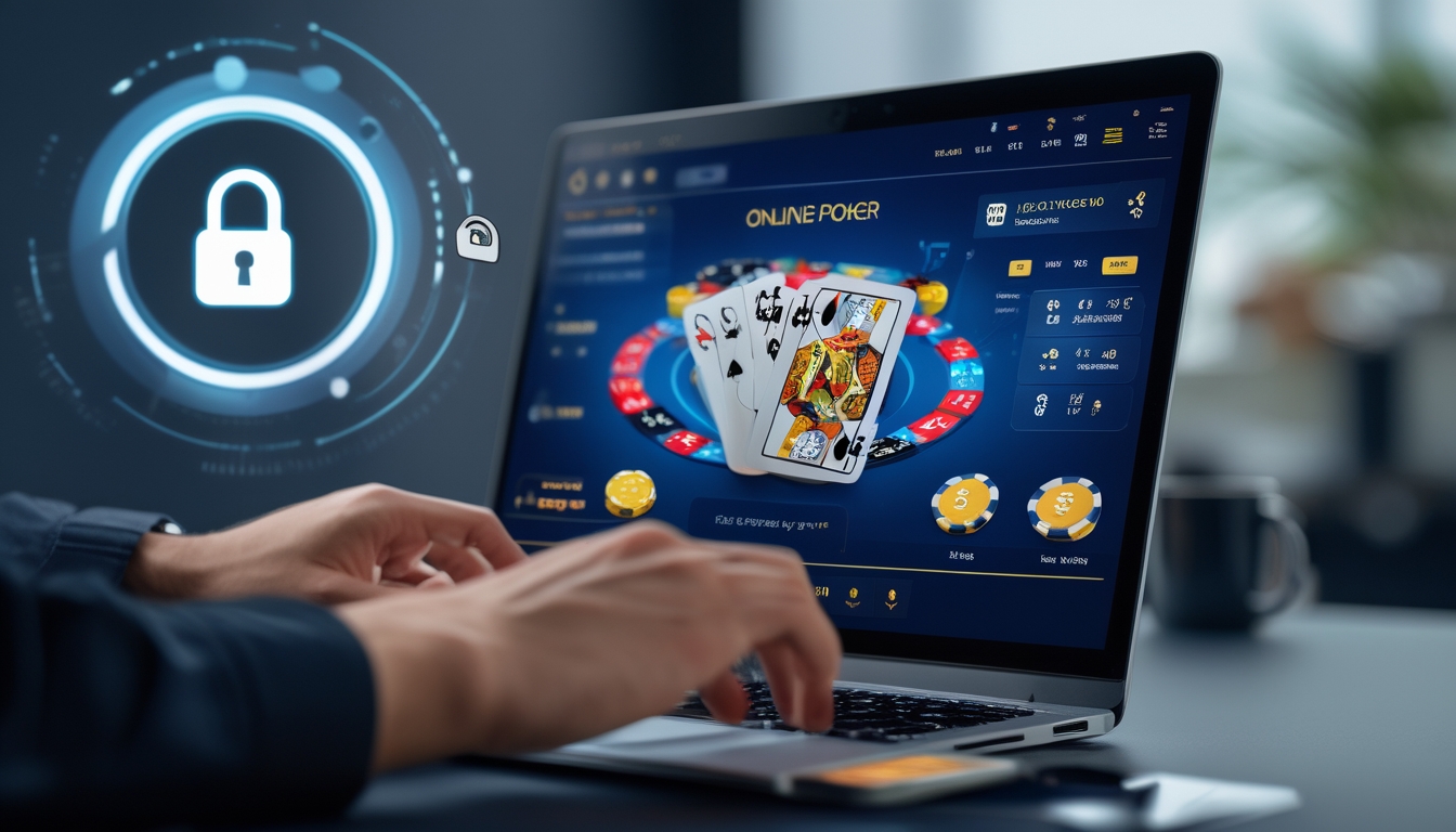 Seorang pemain menggunakan laptop dengan permainan poker online yang menampilkan kartu dan chip poker di layar.