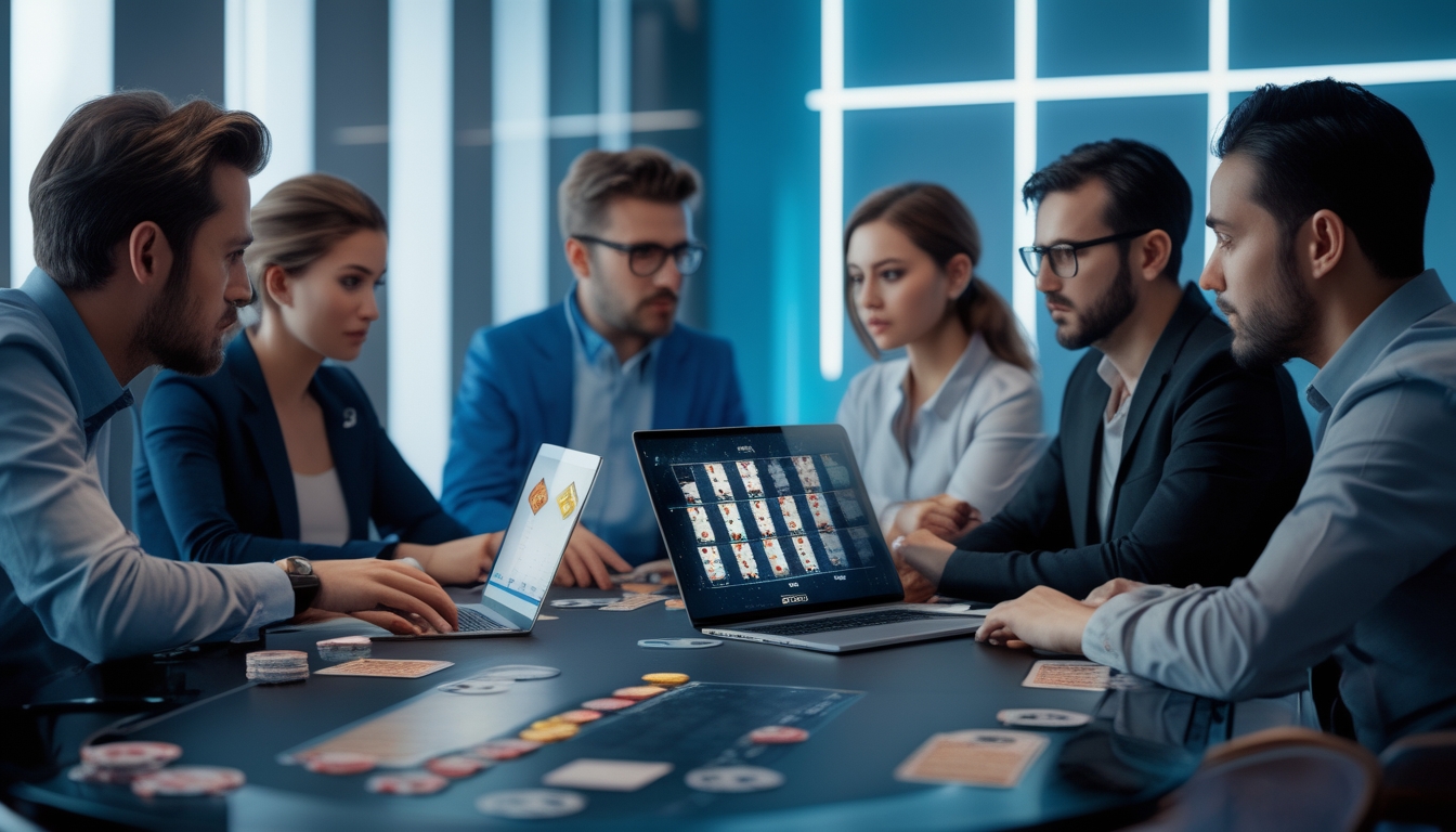 Beberapa orang serius bermain poker online menggunakan laptop dan ponsel di meja modern dengan chip dan kartu remi.
