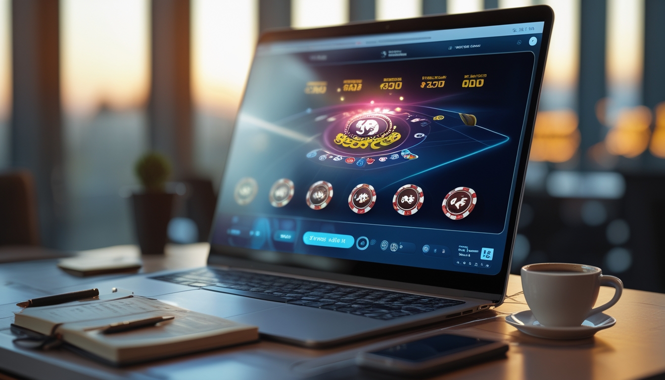 Seorang pemain poker online sedang bermain di depan layar komputer dengan kartu dan chip poker di meja.