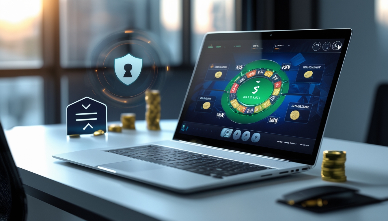 Seorang pemain poker online menggunakan komputer dengan tampilan permainan poker dan simbol keamanan serta bonus di sekitarnya.