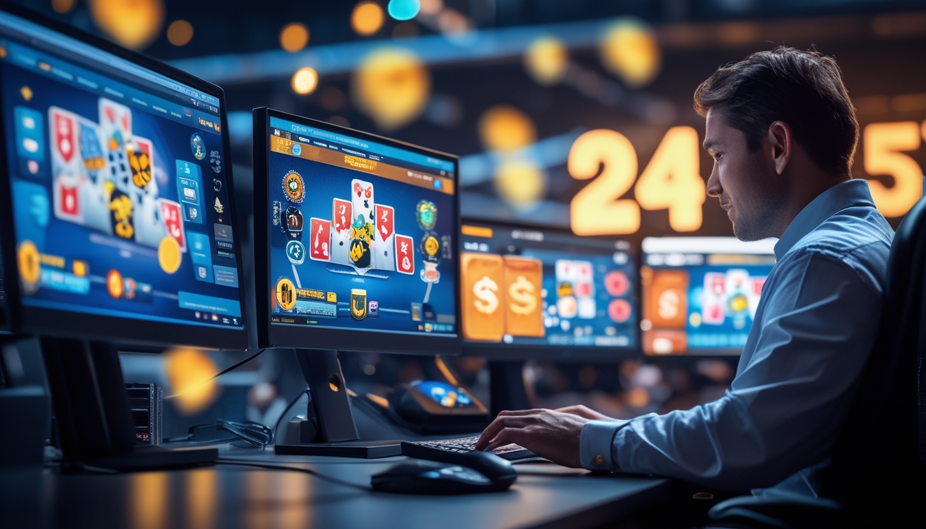 Seorang pemain dewasa sedang bermain poker online di depan beberapa monitor komputer dengan tampilan kartu dan chip poker yang berwarna-warni.