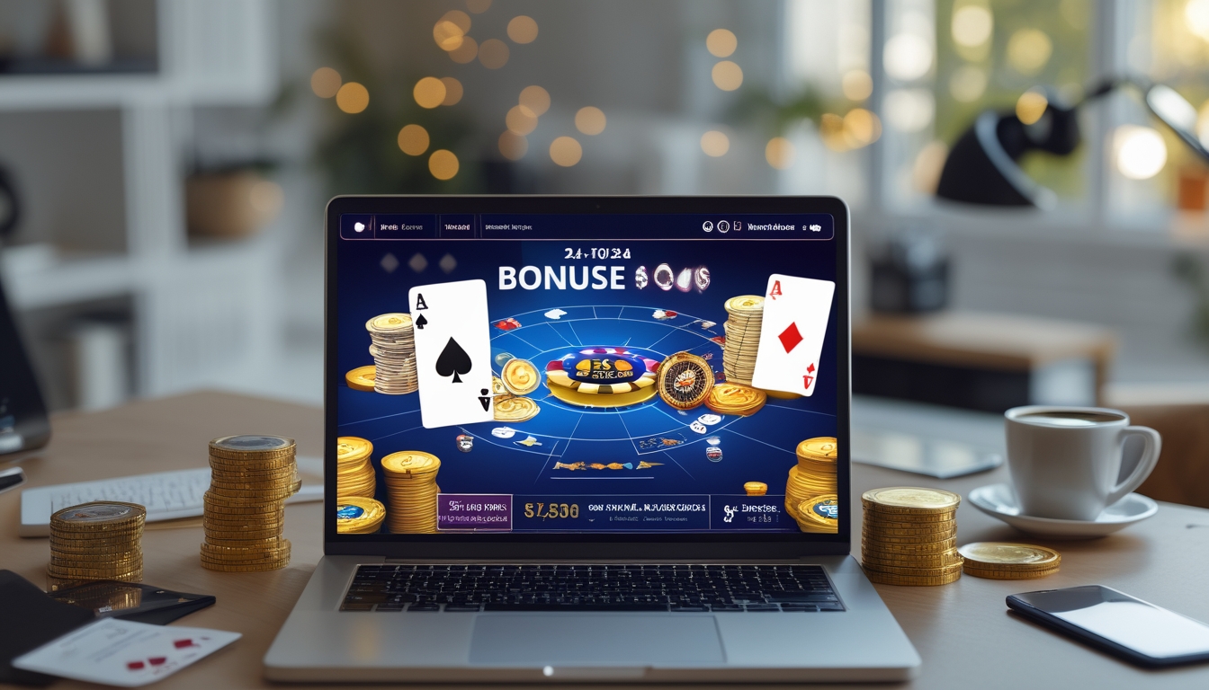 Seorang pemain poker online sedang bermain di laptop di ruang kerja rumah yang rapi dengan chip poker dan kartu di meja.