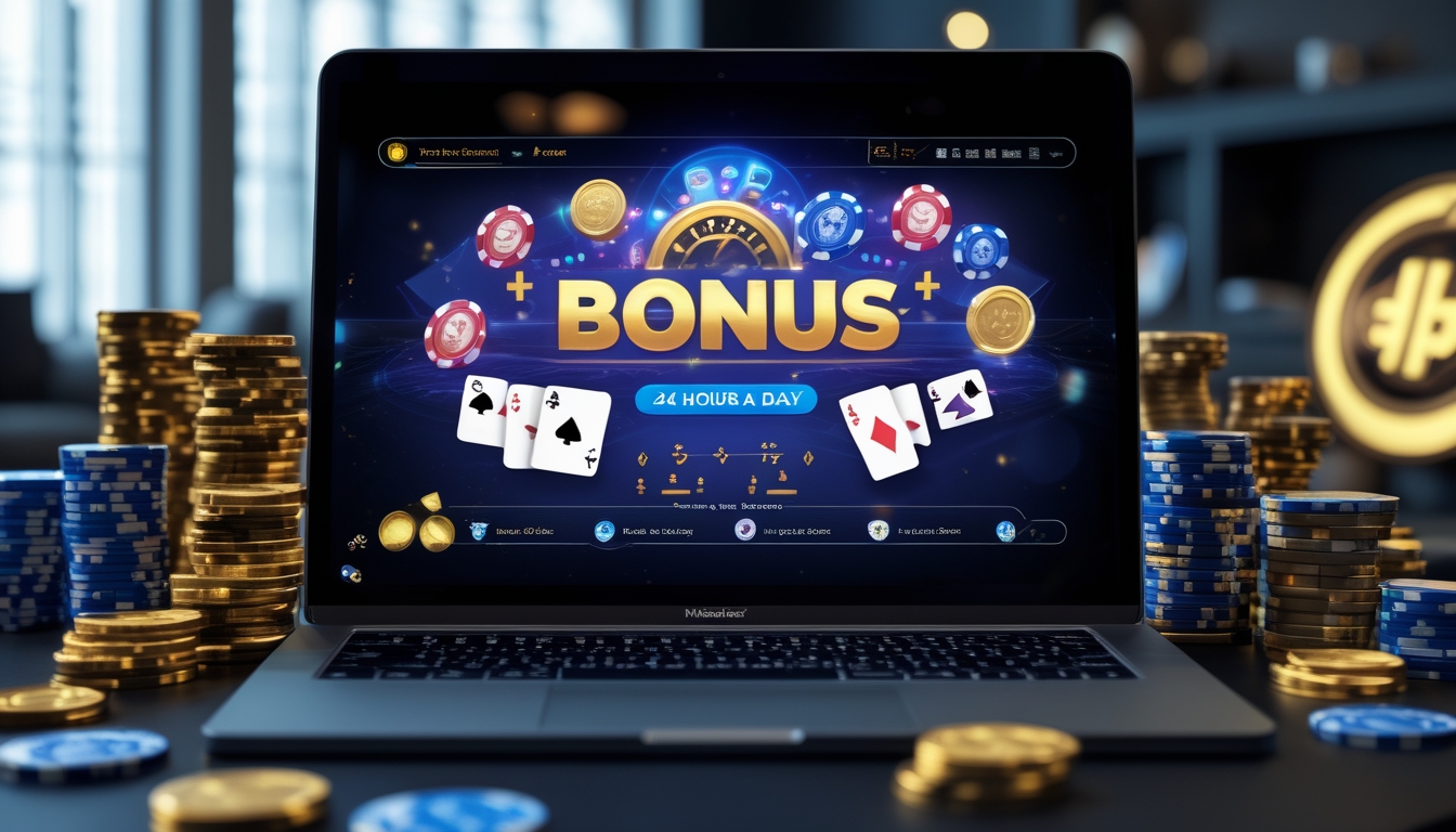 Seorang pemain poker online menggunakan komputer di ruang bermain yang nyaman dengan chip poker dan kartu bermain di layar.