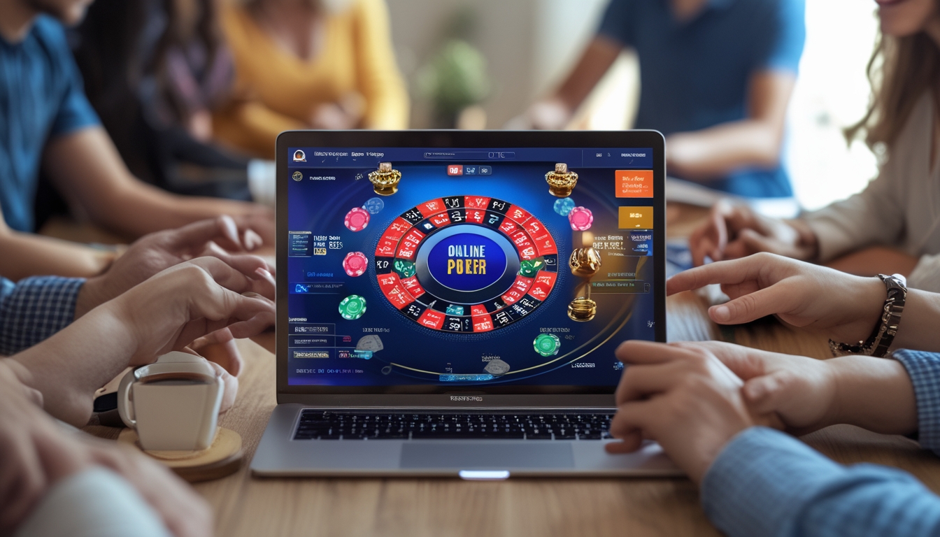 Beberapa orang bermain poker online di depan komputer dengan tumpukan chip dan kartu poker di layar.