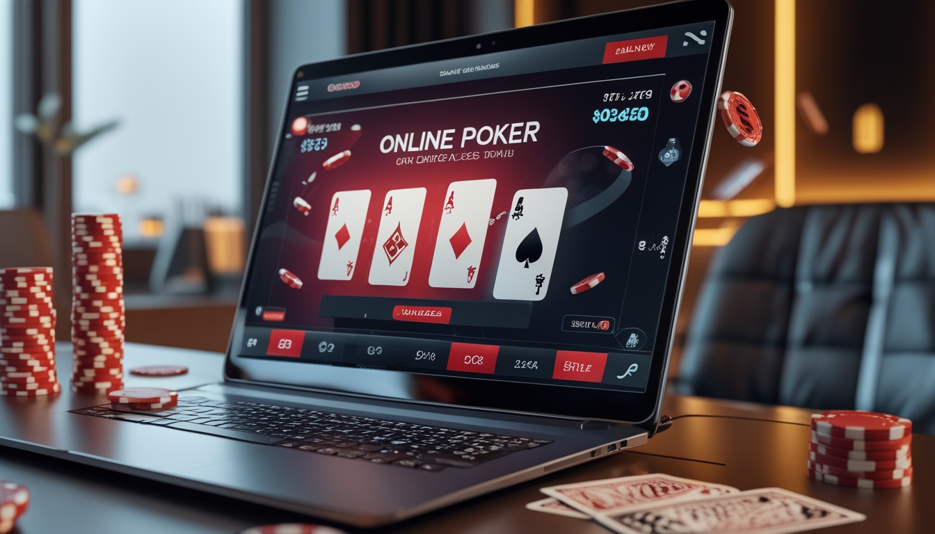 Sebuah laptop di atas meja dengan tampilan permainan poker online, dikelilingi oleh tumpukan chip poker dan kartu remi, di dalam ruangan yang terang dan nyaman.