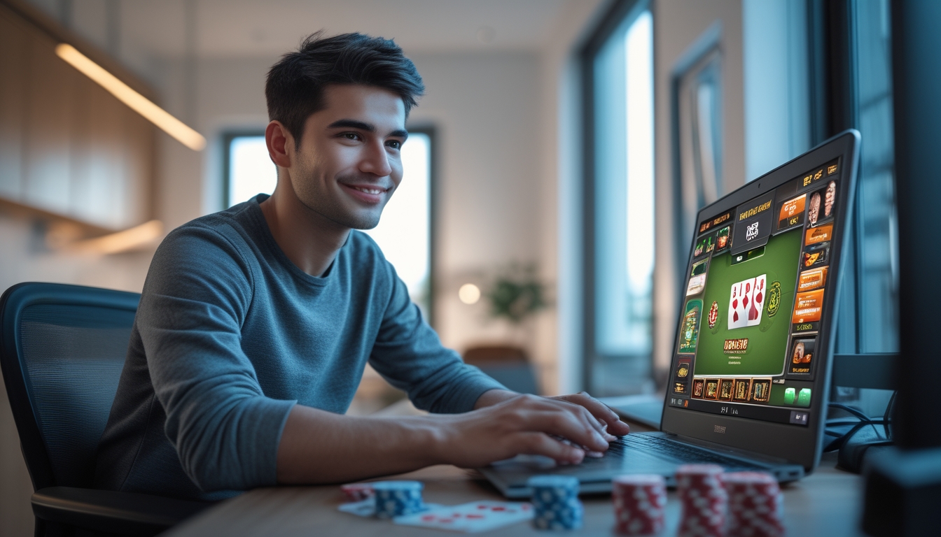 Seorang pria muda duduk di meja dengan laptop, bermain poker online di ruangan yang terang dan rapi.
