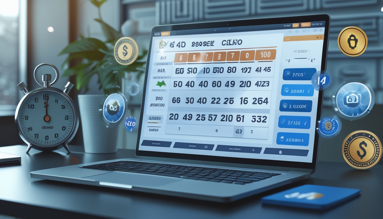 Sebuah ruang kerja modern dengan laptop yang menampilkan antarmuka lotere digital dan simbol kepercayaan serta kecepatan di sekitarnya.