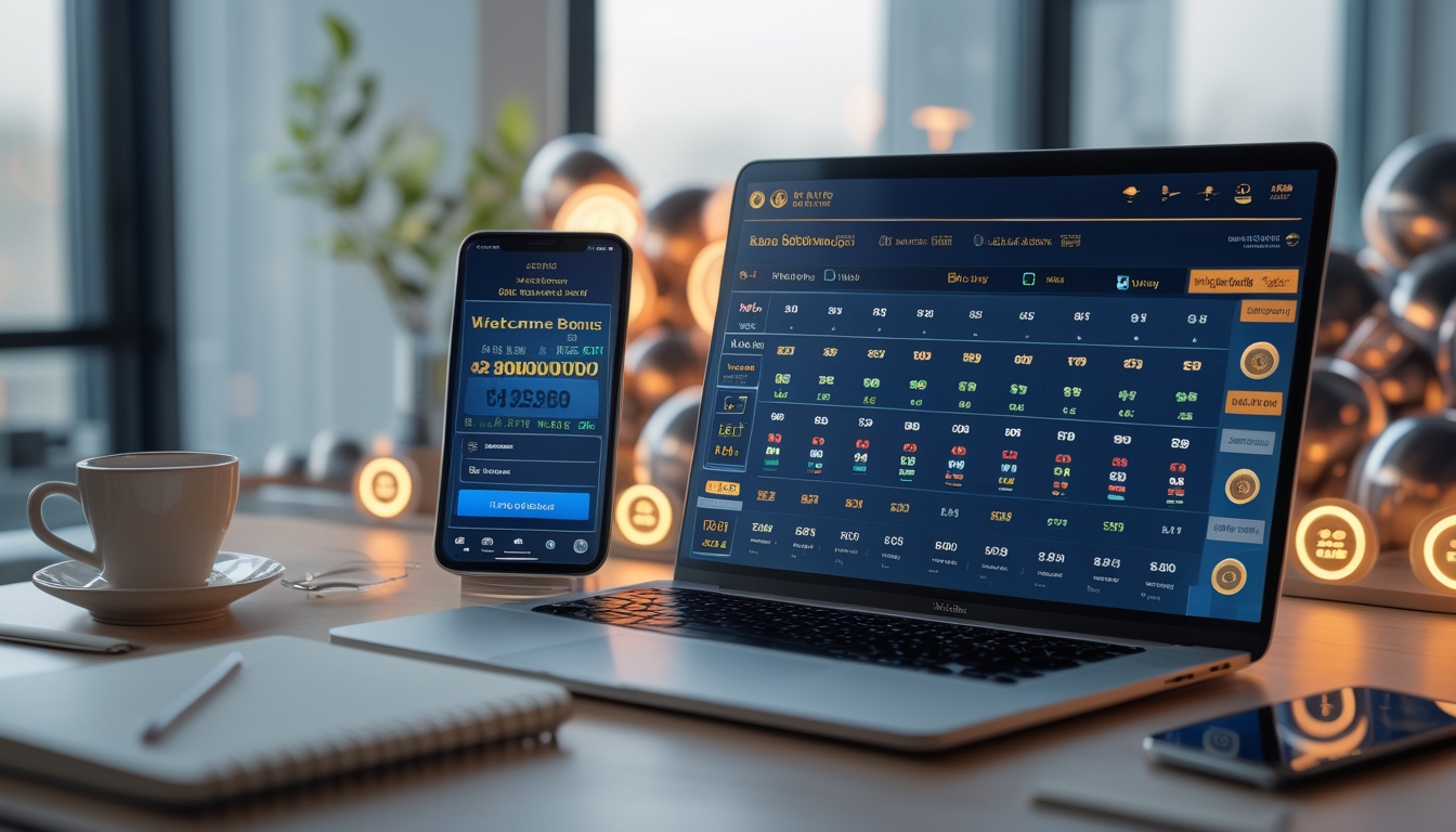 Seorang pria menggunakan laptop dan ponsel di meja kerja yang rapi dengan tampilan aplikasi lotre online dan elemen bola lotre di latar belakang.