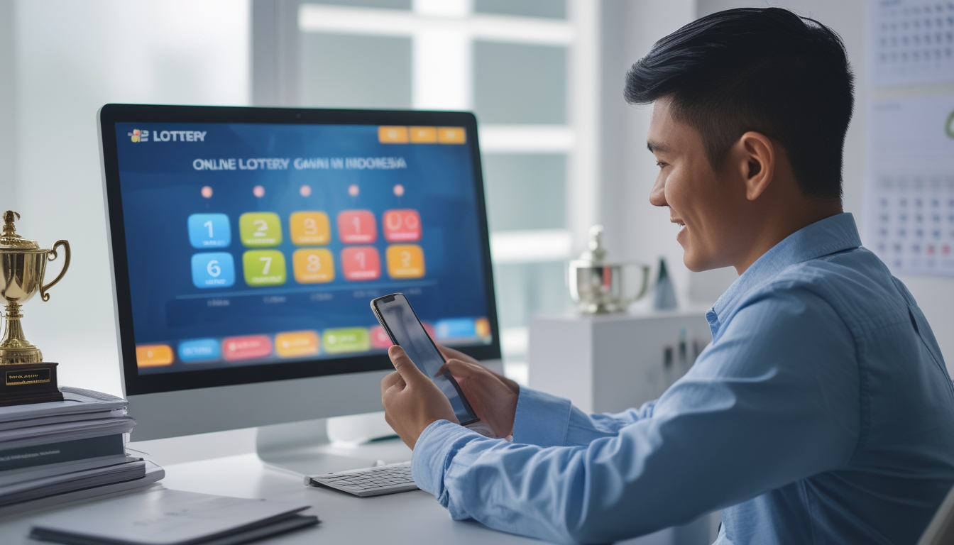 Seorang pria muda Indonesia duduk di meja kerja dengan laptop dan ponsel, terlihat fokus dan tersenyum, di ruang kerja yang bersih dan terang dengan elemen seperti trofi kecil dan kalender di sekitar meja.