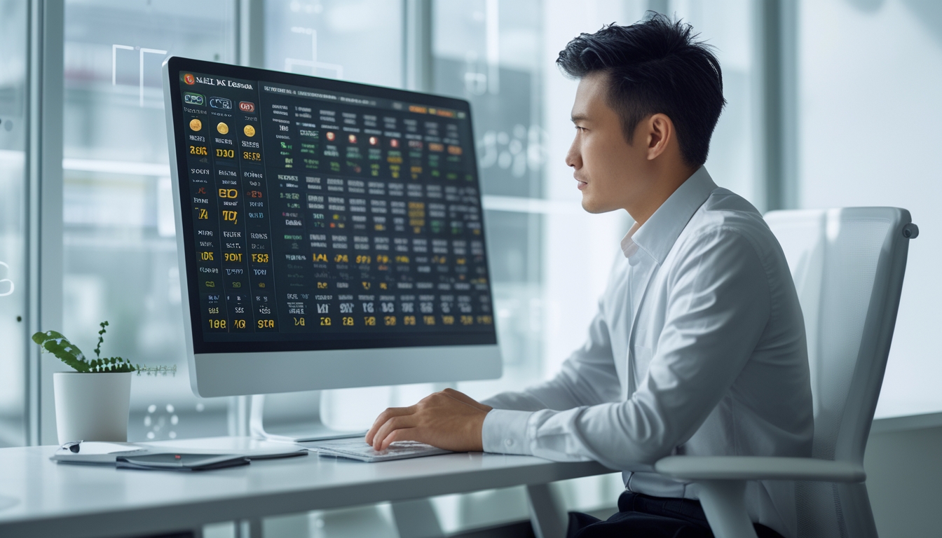 Seorang pria Asia Tenggara duduk di meja kerja modern dengan layar komputer yang menampilkan grafik dan angka terkait togel online.