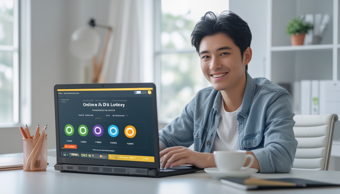 Seorang dewasa muda duduk di meja dengan laptop di ruang kerja rumah yang terang, tersenyum dan terlihat santai saat menggunakan situs judi togel online.