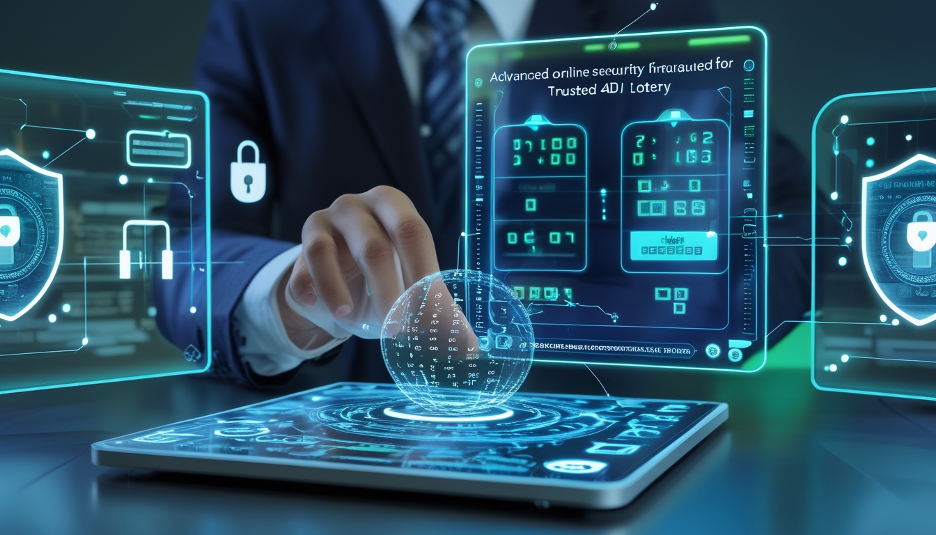 Seseorang menggunakan antarmuka digital futuristik yang menampilkan data lotere dengan simbol keamanan seperti gembok dan perisai.