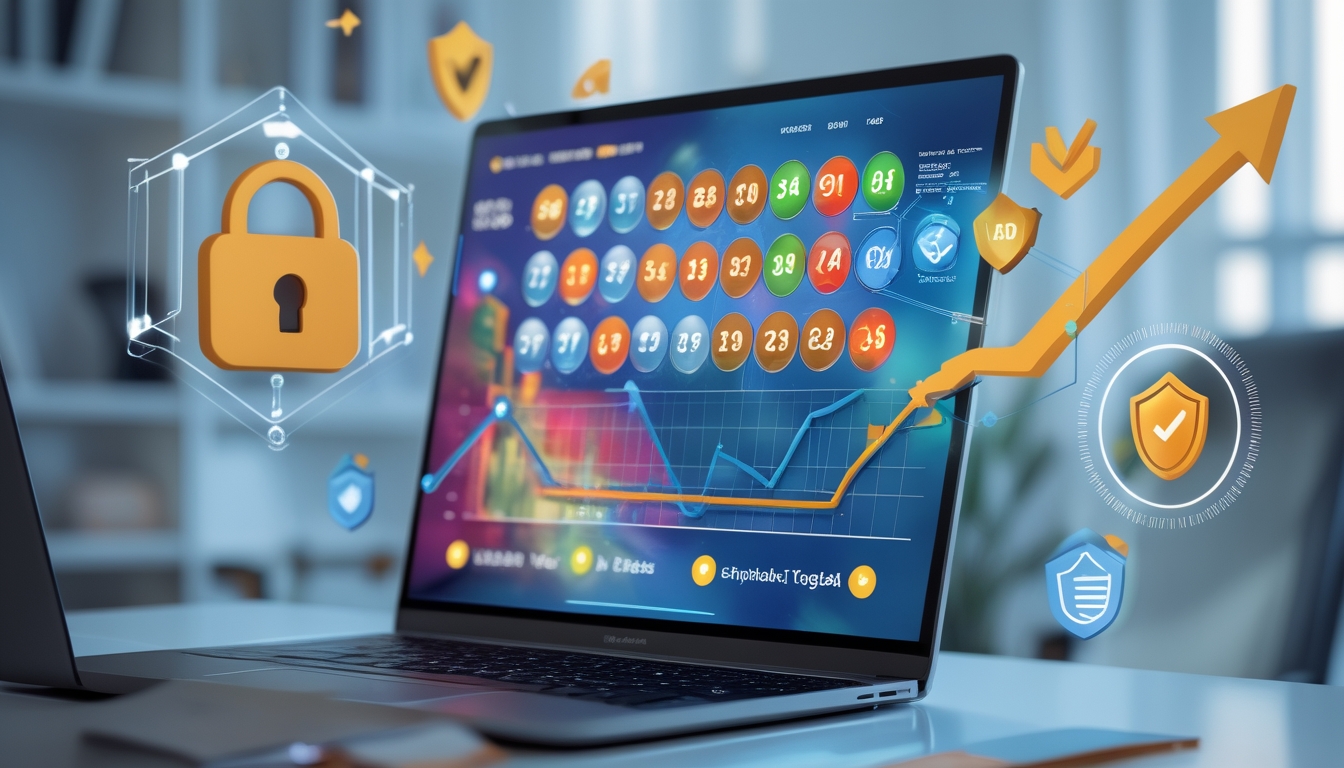 Seorang pengguna di depan komputer dengan tampilan antarmuka permainan togel online, dikelilingi simbol keamanan dan grafik data.
