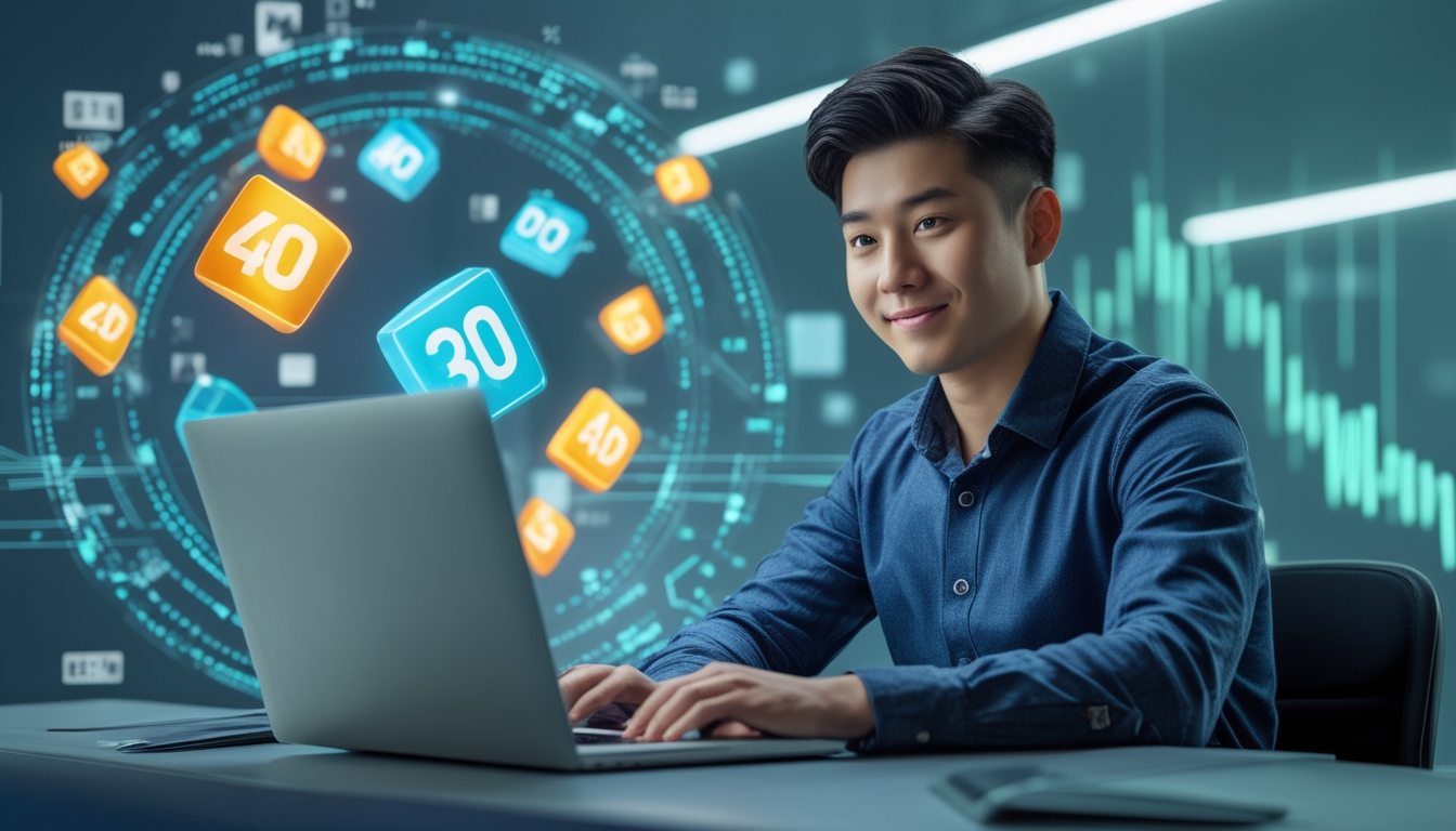 Seorang pria muda duduk di meja dengan laptop, dikelilingi oleh elemen digital yang menggambarkan transaksi lotere online dan keuangan.