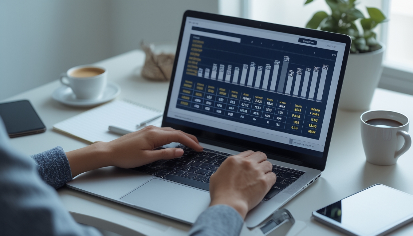 Seseorang menggunakan laptop di meja kerja dengan grafik dan angka yang menunjukkan prediksi togel online yang akurat dan diperbarui setiap hari.