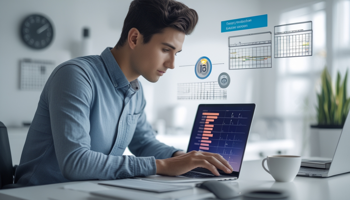 Seseorang menggunakan laptop di meja kerja modern dengan layar menampilkan grafik angka togel dan kalender di latar belakang.