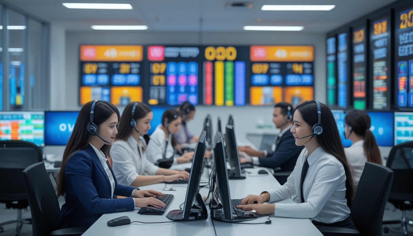 Tim layanan pelanggan sedang bekerja di kantor modern dengan layar komputer menampilkan angka lotre 4D.