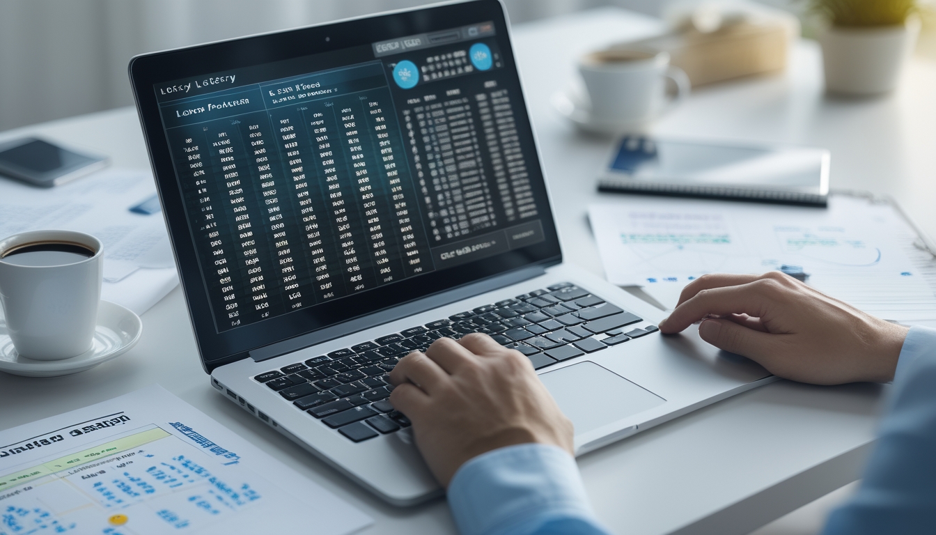 Seorang pria sedang bekerja dengan laptop dan kertas berisi rumus di meja, menampilkan data prediksi togel online.