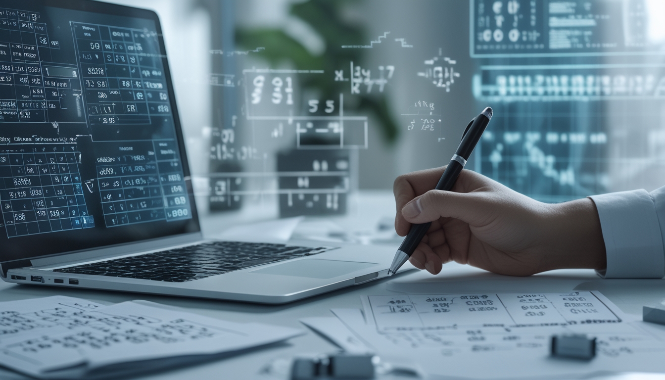 Meja kerja dengan laptop menampilkan data angka dan grafik, tangan seseorang sedang menulis rumus pada kertas, menggambarkan prediksi togel online.