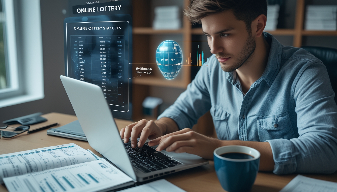 Seorang dewasa muda sedang menggunakan laptop dan ponsel di ruang kerja rumah, fokus menganalisis data dan angka terkait strategi togel online.