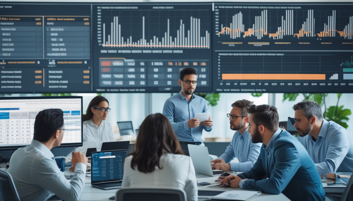 Beberapa profesional sedang menganalisis data statistik pada layar digital di ruang kantor modern.