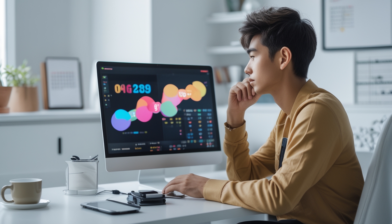 Seorang dewasa muda duduk di meja modern dengan laptop, terlihat fokus dan berpikir, di ruang kerja yang terang dan rapi.
