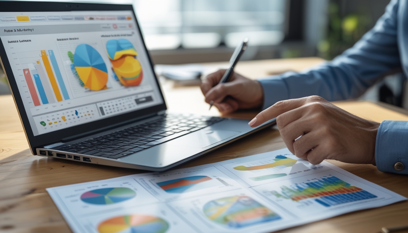 Meja kerja dengan laptop yang menampilkan grafik pola angka 2D dan 3D, serta tangan seseorang menunjuk ke grafik tersebut di atas meja kayu.