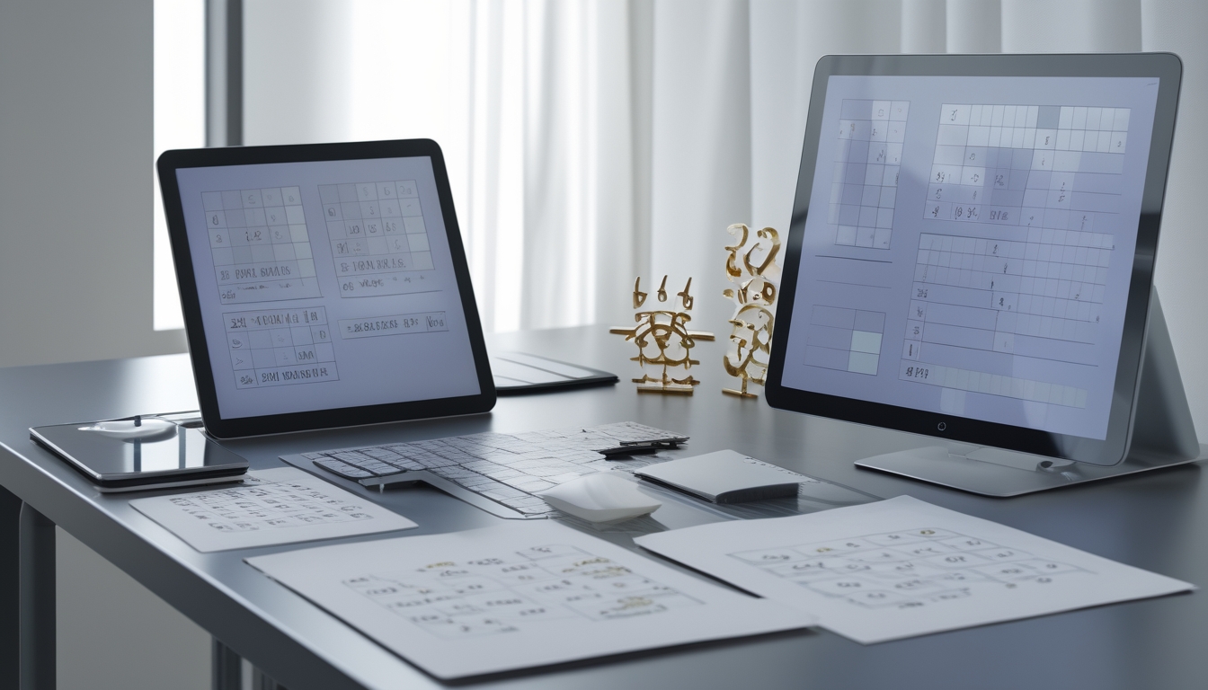 Sebuah meja kerja modern dengan laptop dan tablet yang menampilkan grafik dan pola angka, serta simbol shio kecil di sekitar perangkat, menggambarkan analisa togel 2D dan 3D.