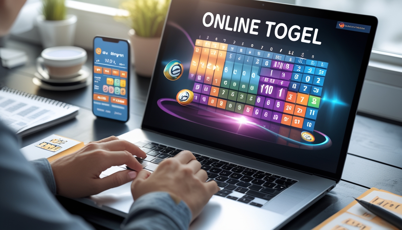 Seorang pemain menggunakan laptop dengan layar menampilkan angka-angka permainan Togel online, di meja juga terdapat ponsel dan buku catatan.