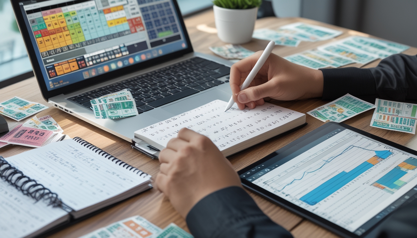 Seseorang sedang menganalisis data angka togel di meja kerja dengan laptop, buku catatan, dan tiket togel tersebar.