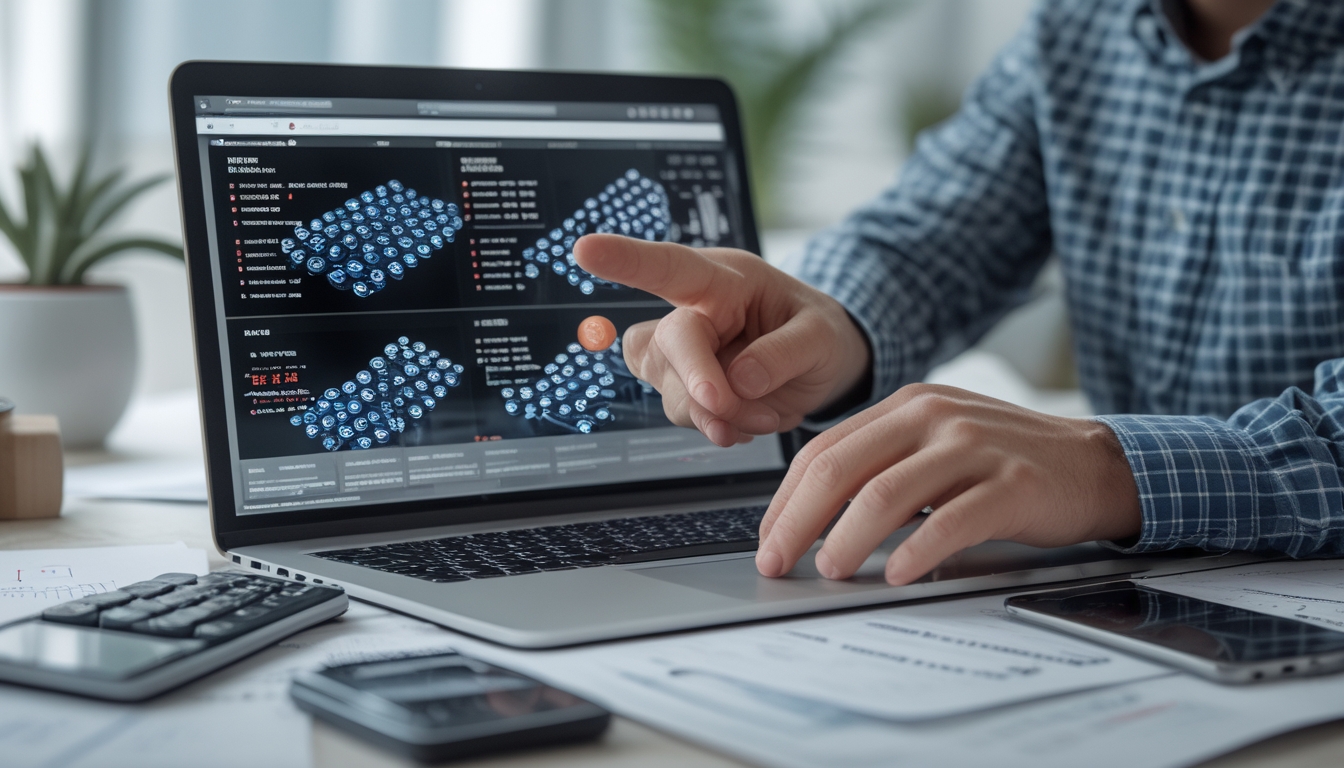 Seseorang sedang menganalisis pola angka togel online menggunakan laptop dengan grafik dan catatan di meja kerja.