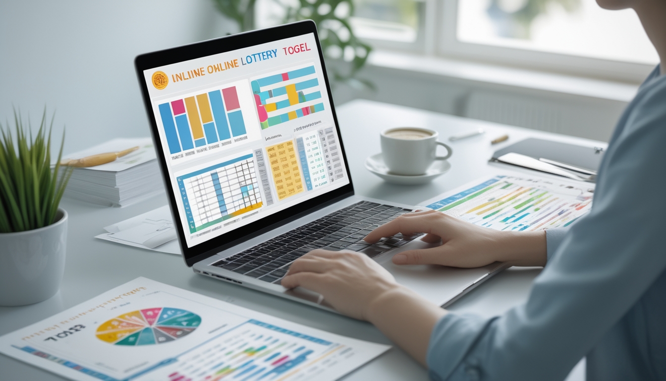 Meja kerja dengan laptop yang menampilkan grafik dan data angka togel, dikelilingi oleh kertas dan alat tulis, suasana fokus dan profesional.