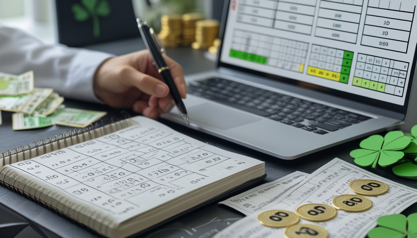 Meja kerja dengan laptop, tiket togel, dan tangan yang sedang menulis angka pada buku catatan.