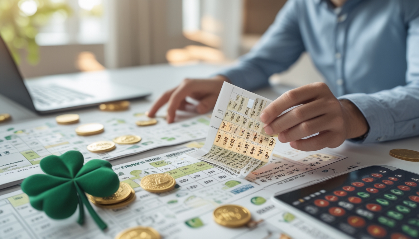 Seseorang sedang menganalisis tiket lotere dan diagram angka di meja kerja dengan simbol keberuntungan di sekitarnya.