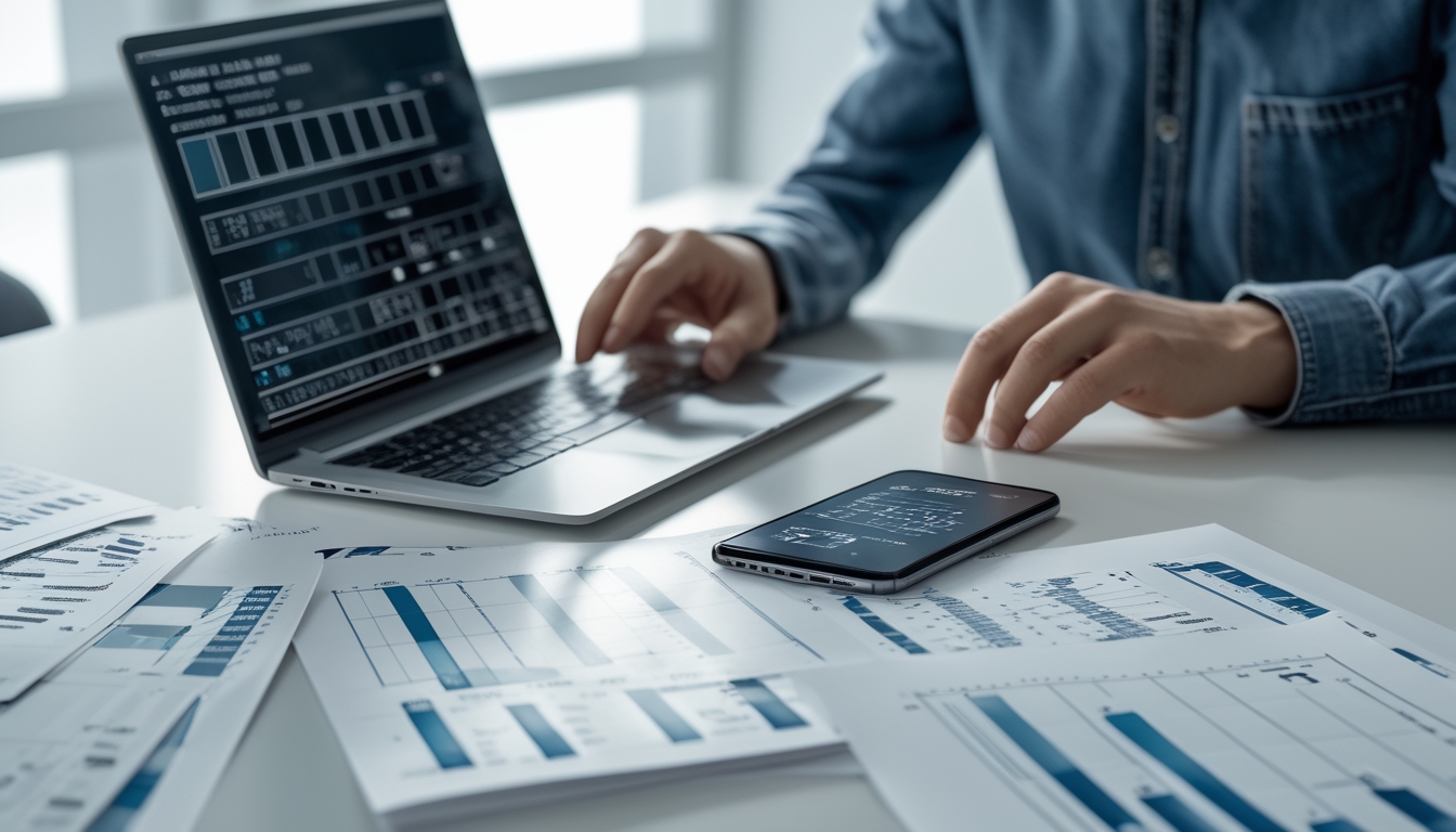 Meja kerja dengan laptop, ponsel, dan kertas berisi data angka dan grafik yang menunjukkan analisis prediksi togel online.