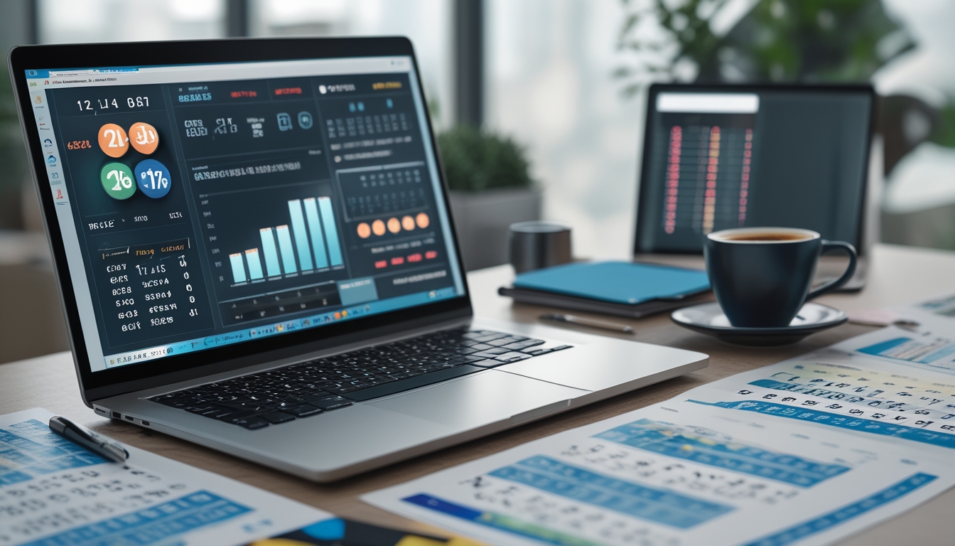 Seorang profesional sedang bekerja dengan laptop yang menampilkan data dan grafik prediksi togel 2D dan 3D di sebuah meja kerja dengan beberapa lembar kertas dan secangkir kopi.