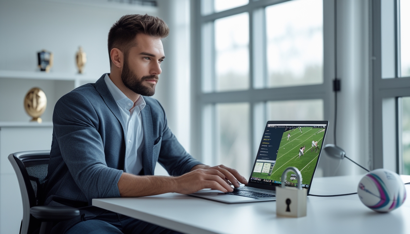 Seorang pria duduk di meja kantor modern sambil melihat layar laptop yang menampilkan pertandingan rugby, dengan bola rugby dan piala di latar belakang.