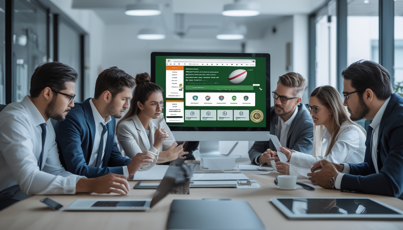 Sekelompok profesional sedang berdiskusi dan menilai situs taruhan rugby di sebuah kantor modern dengan layar komputer yang menampilkan situs taruhan rugby.